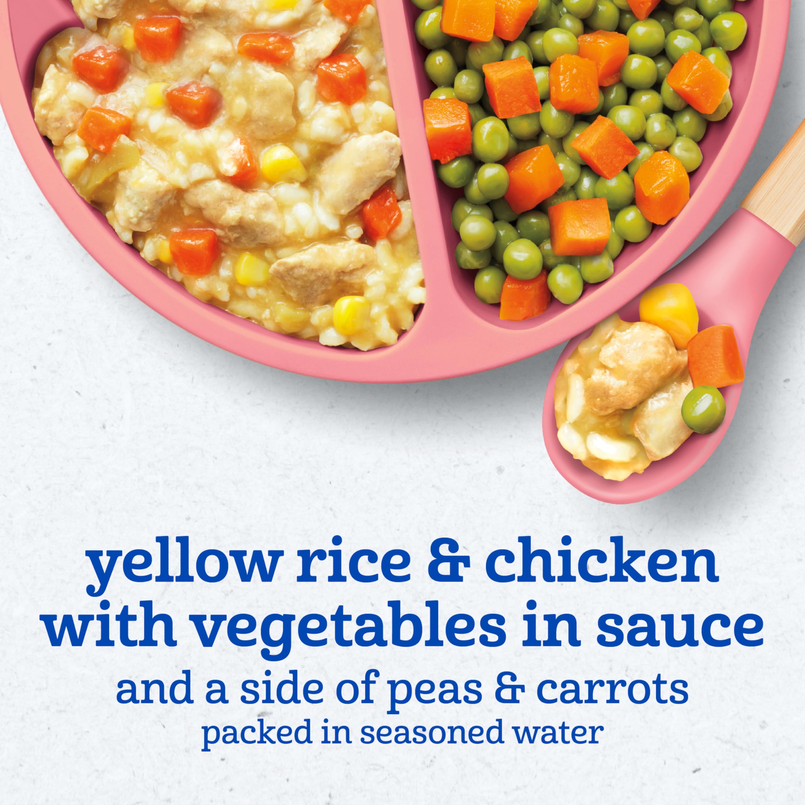 Gerber Toddler Yellow Rice & Chicken with vegetables and sauce visible in tray