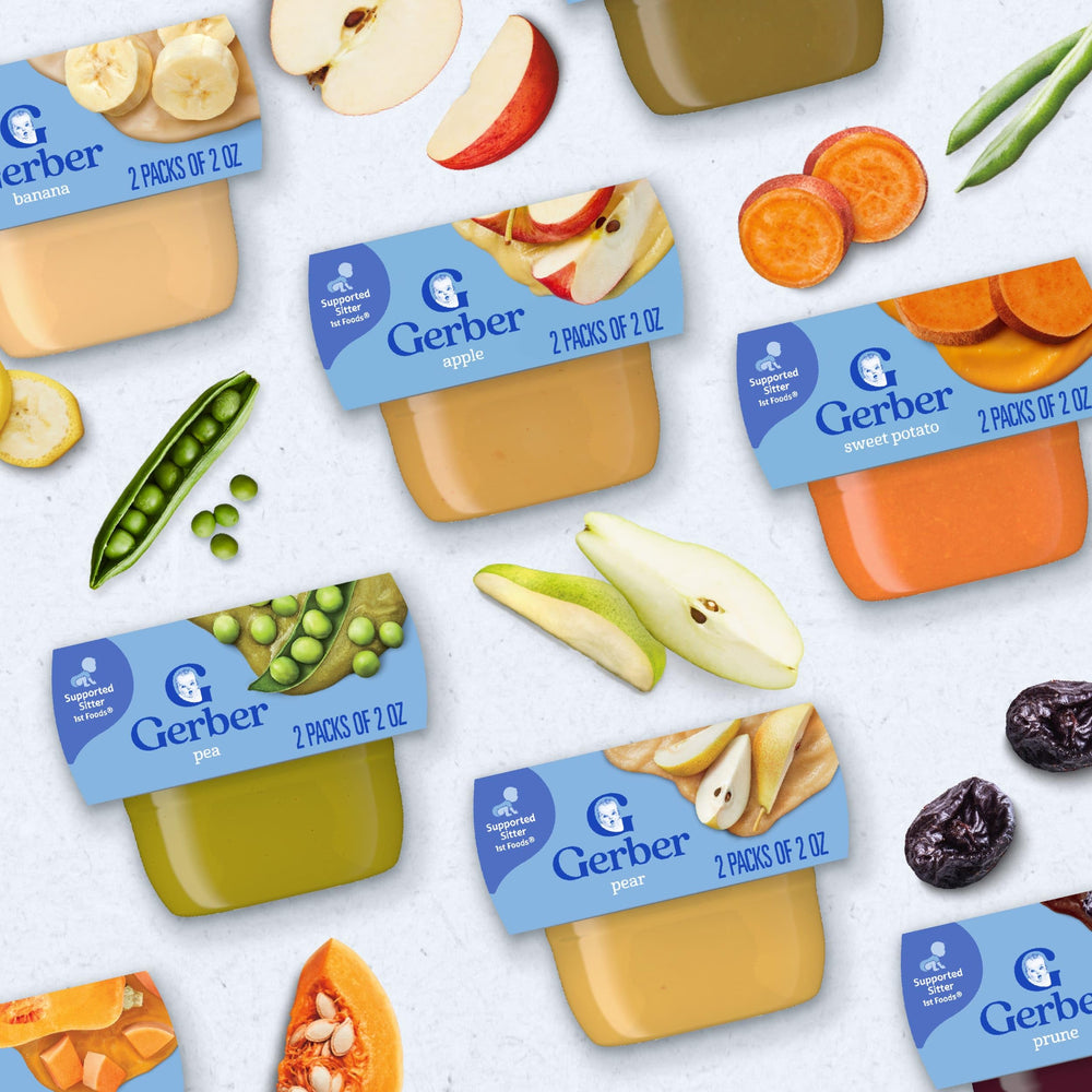 Gerber variety pack offers Banana, Pear, and Apple flavors.
