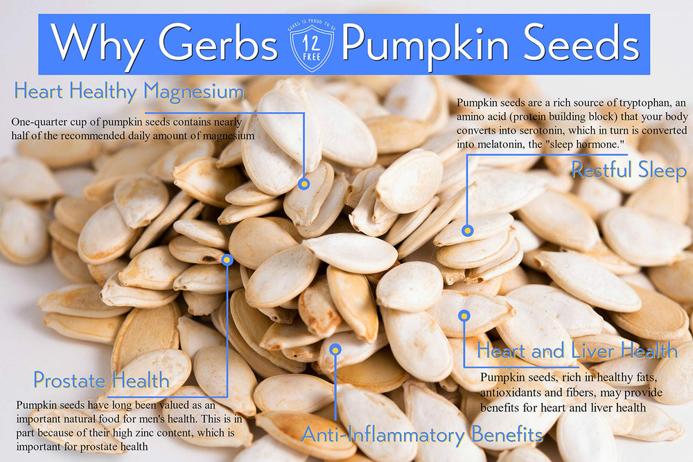 GERBS 1 lb bag of lightly roasted pumpkin seeds maintains freshness with a resealable zipper.
