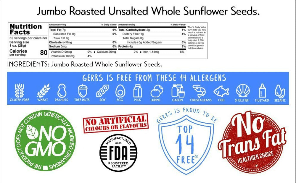 Gerbs jumbo sunflower seeds in-shell on a kitchen counter, ready to use.