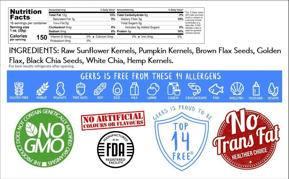 GERBS resealable bag keeps freshness of the seed mix for on-the-go snacking.