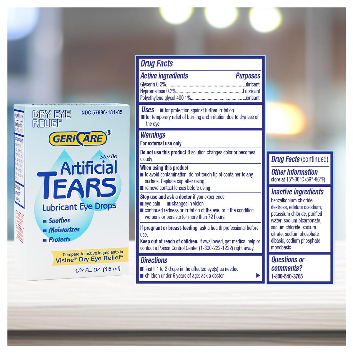 GeriCare artificial tears bottle front view shows portable relief on the go.