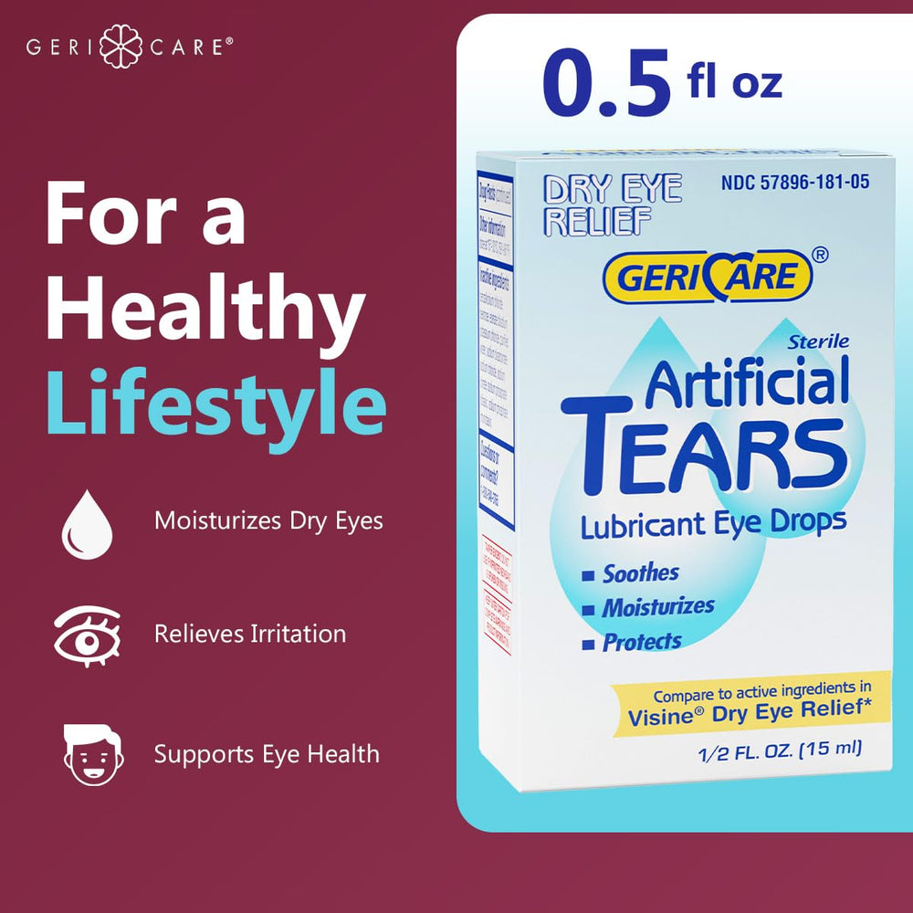 GeriCare artificial tears drop dispense view enables easy, single drops.