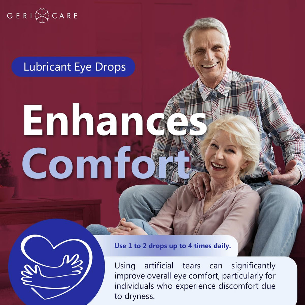 GeriCare artificial tears in-use shot highlights soothing eye comfort.