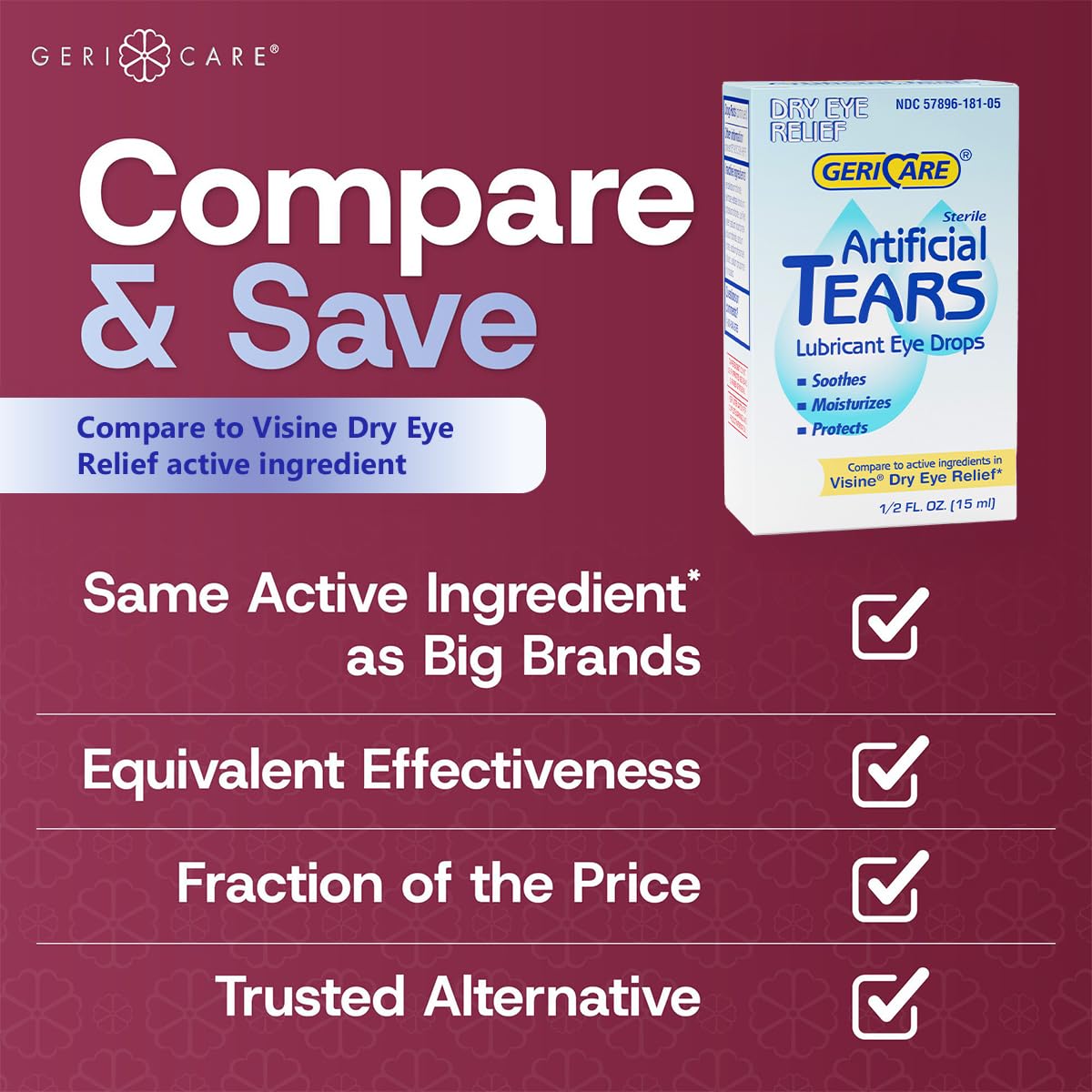 GeriCare artificial tears spill-free dose demonstrates careful, mess-free use.
