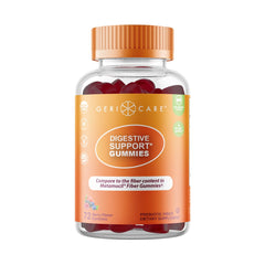 GeriCare prebiotic gummies in berry bottle for daily gut balance.