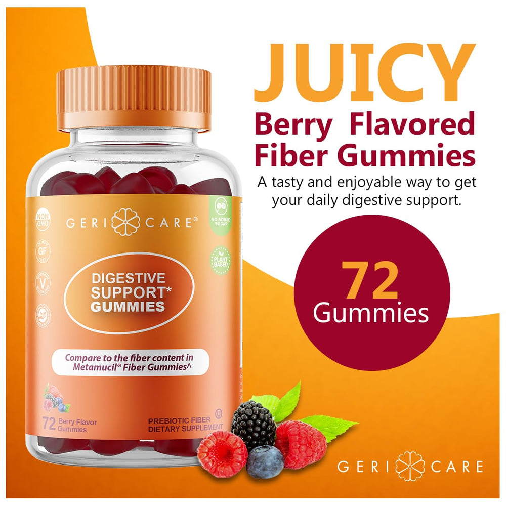 Berry gummies close-up highlighting plant-based, non-GMO fiber.