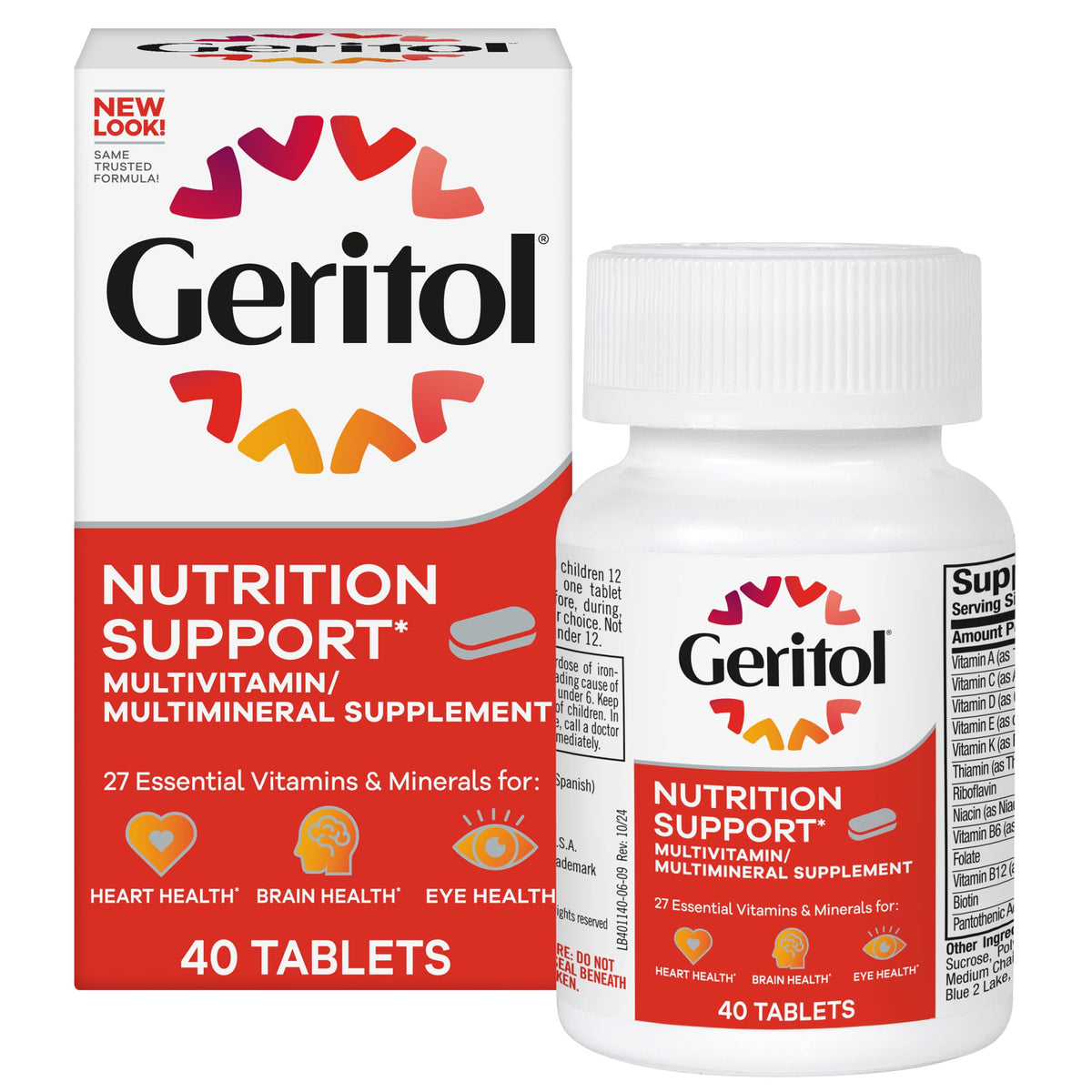 Geritol bottle front label highlights the multivitamin nutrients for daily wellness