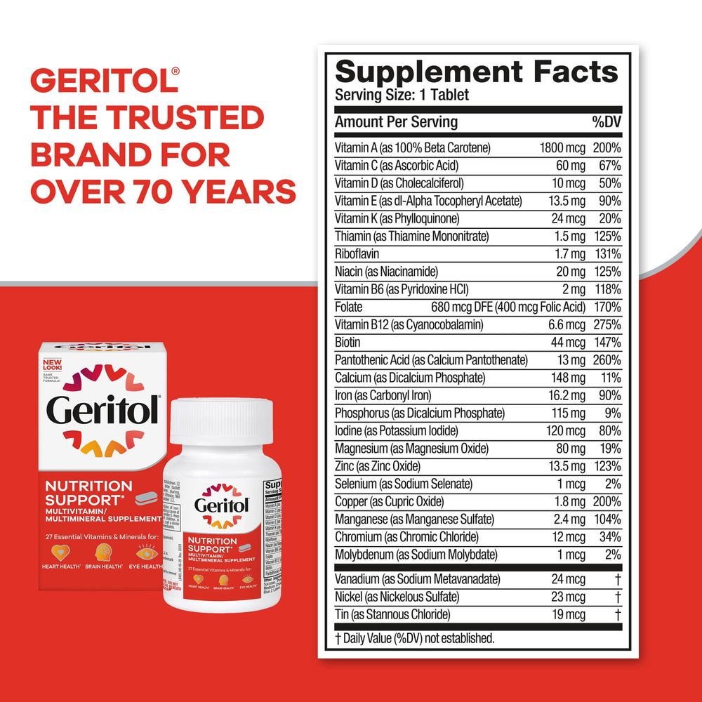Geritol daily use scene showing taking one tablet with a meal for convenience