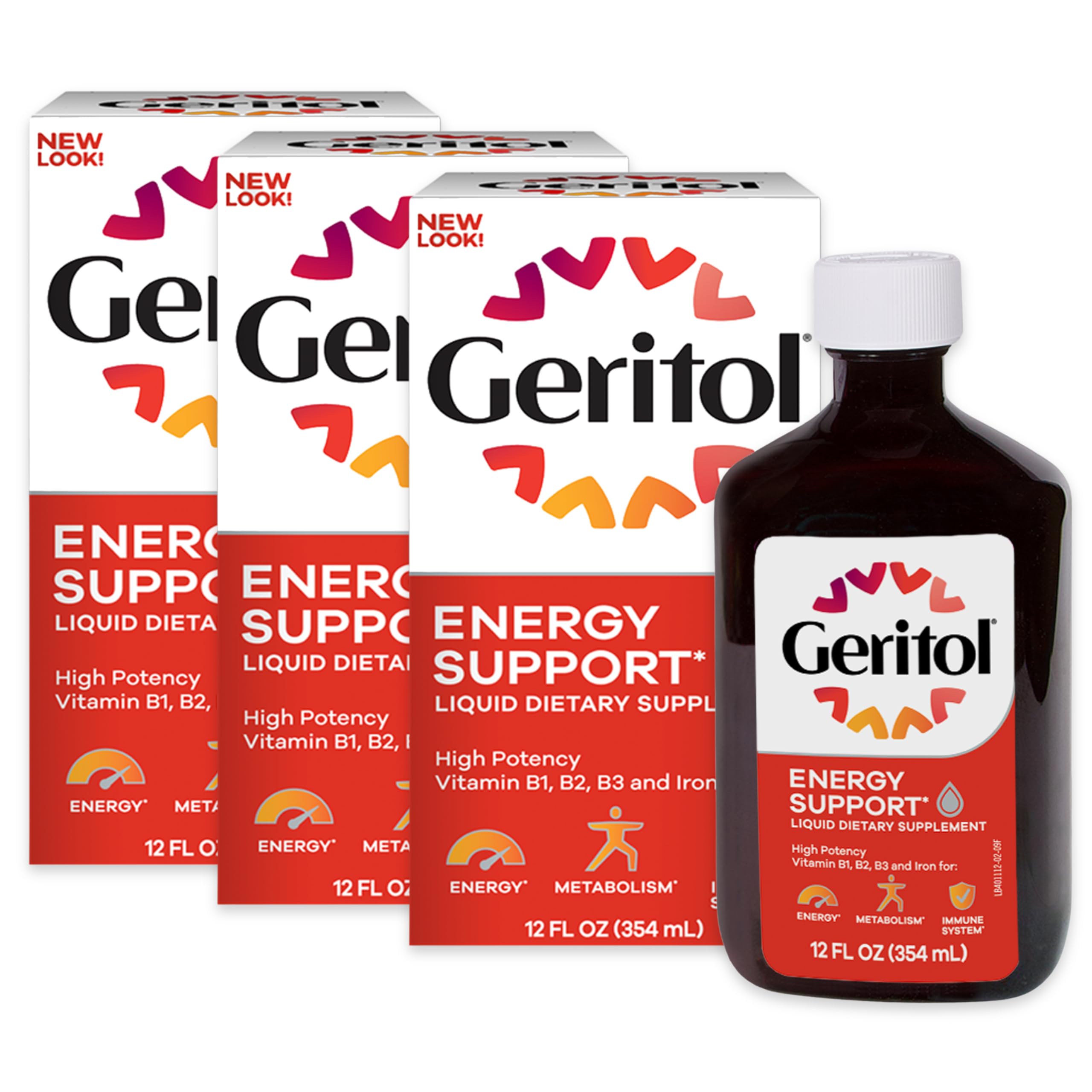 Geritol liquid bottle pour demonstrates easy daily serving for energy support