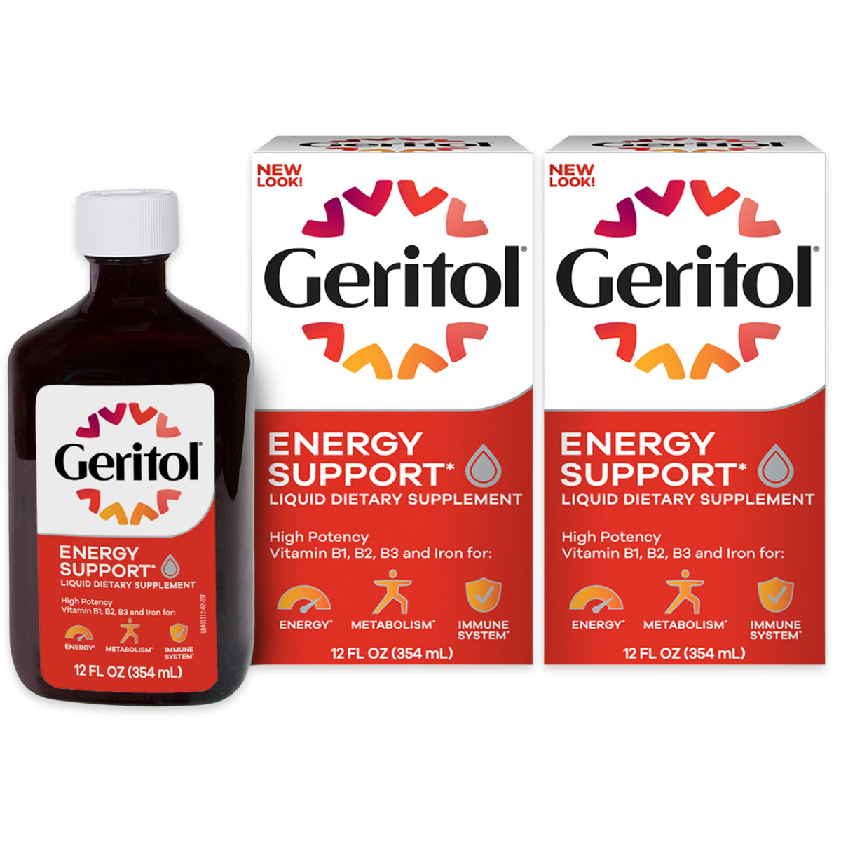 Geritol liquid bottle with label, highlighting high-potency B-vitamins and iron for daily energy.