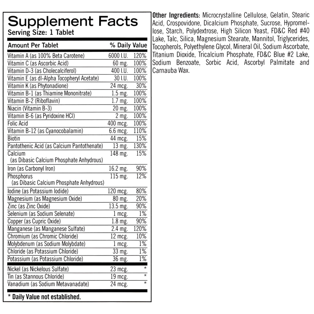 Geritol label highlights 26 essential vitamins for daily energy.