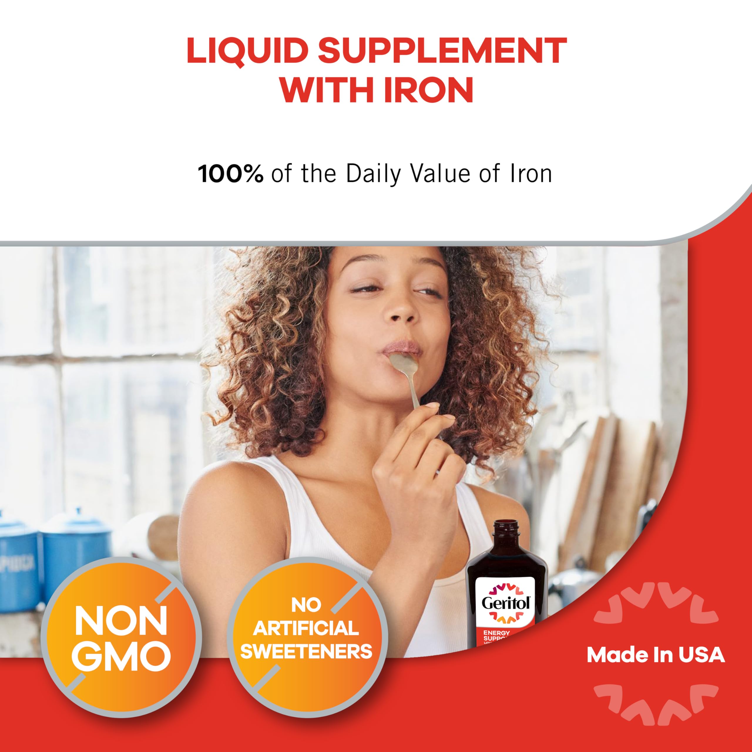 Nutrition facts on Geritol label, emphasizing non-GMO and absence of artificial sweeteners.