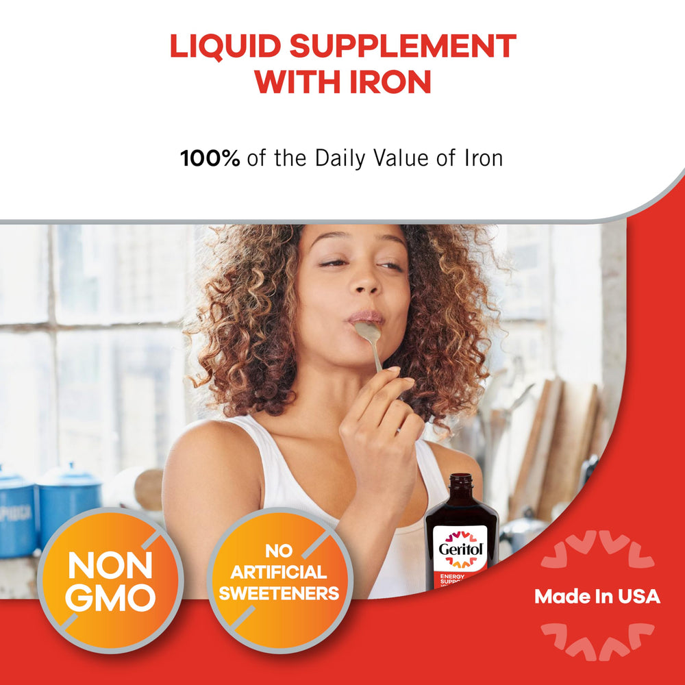 Nutrition facts on Geritol label, emphasizing non-GMO and absence of artificial sweeteners.