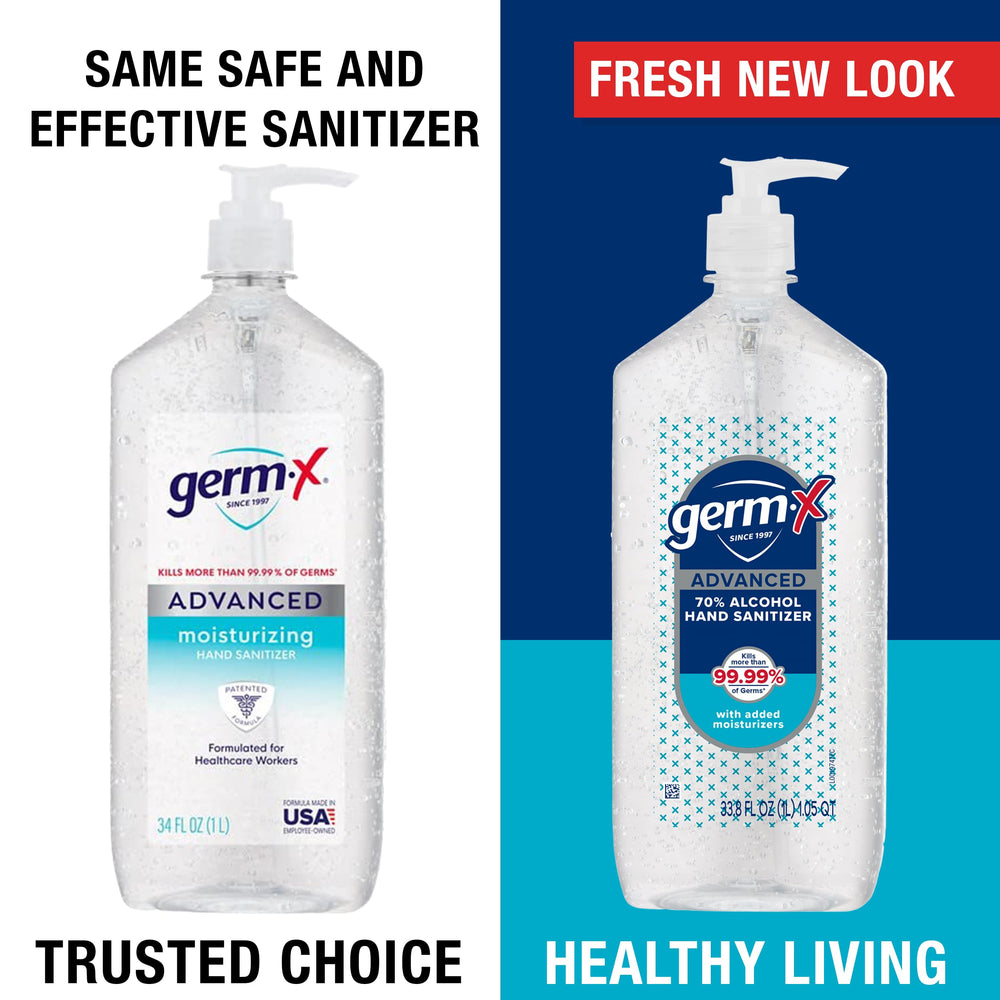 Germ-X Advanced Hand Sanitizer aloe moisturizers keep hands soft after use.