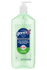Germ-X Advanced Hand Sanitizer Aloe pump on a desk keeps hands moisturized.