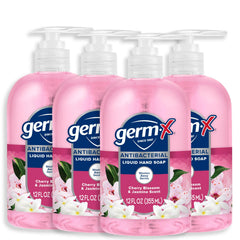 Germ-X antibacterial hand soap pump bottle for quick cleansing at a home sink.