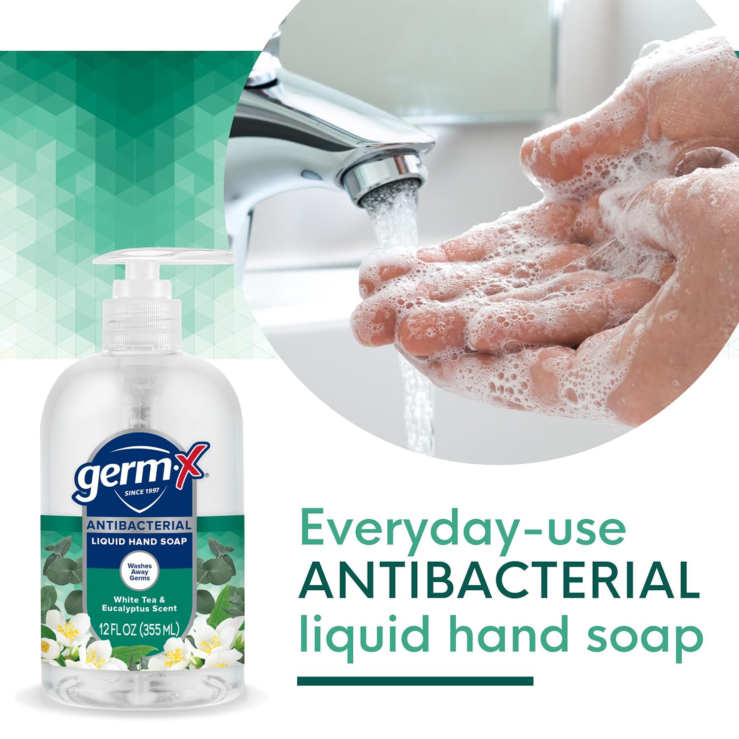 Germ-X label indicating dermatologist-tested, skin-friendly hand soap.