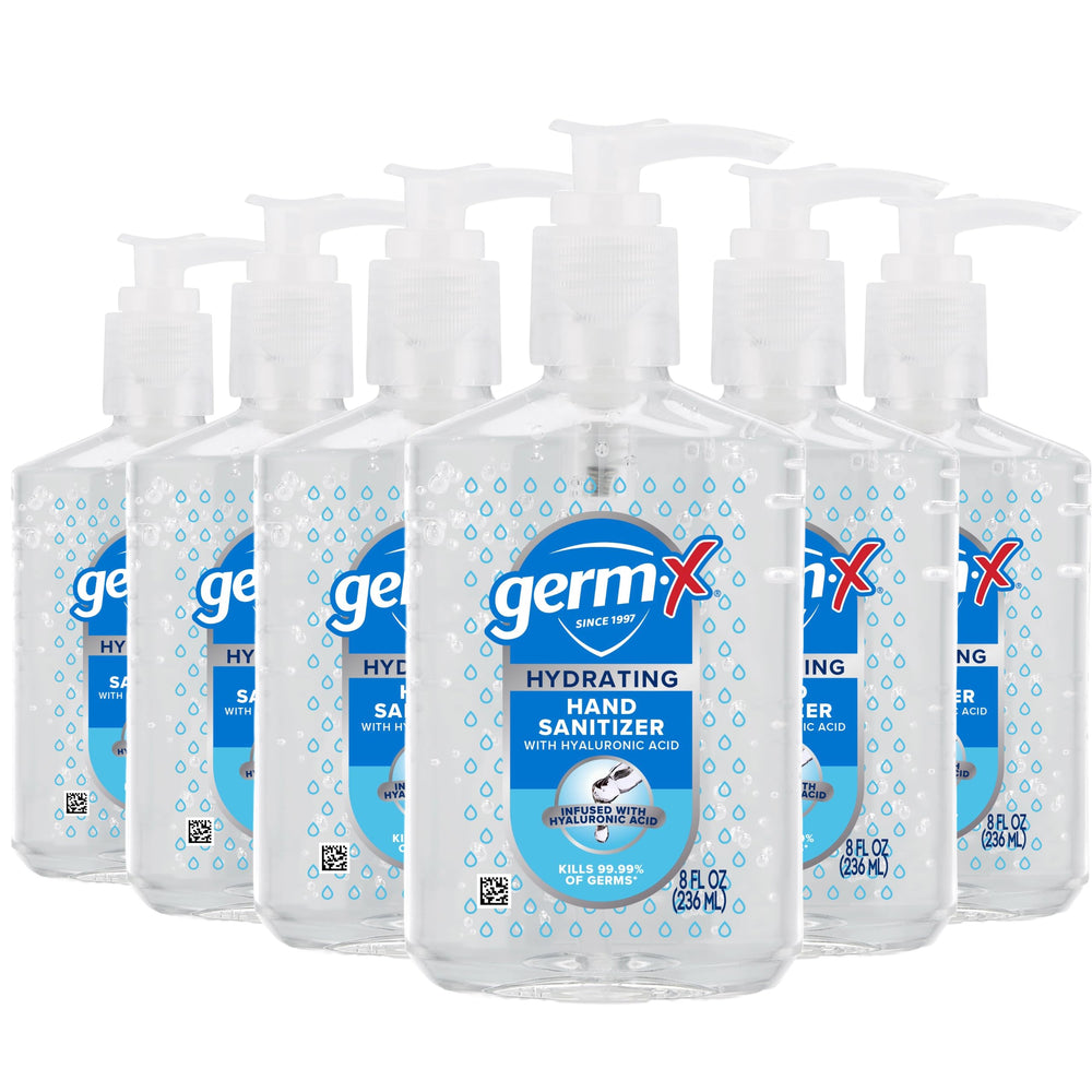 Germ-X Hydrating Hand Sanitizer bottle pour shows quick germ kill and moisturization.