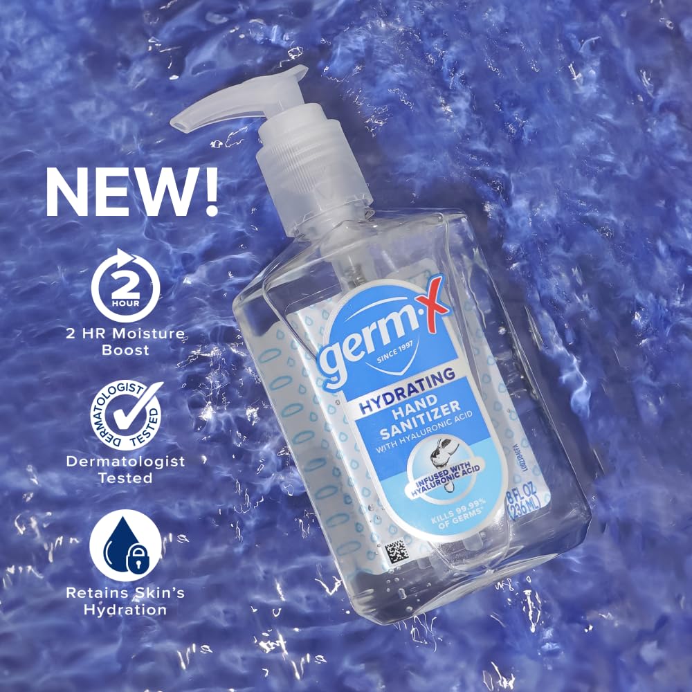 Germ-X Hydrating Hand Sanitizer clear gel with smooth texture for daily use.