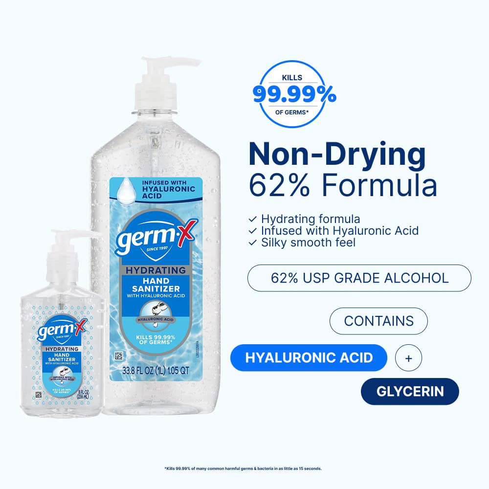 Germ-X Hydrating Hand Sanitizer, USA-made, trusted for family hygiene.