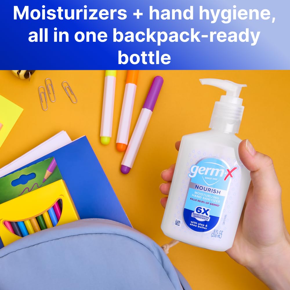 Germ-X Nourish label closeup shows trusted branding and key ingredients