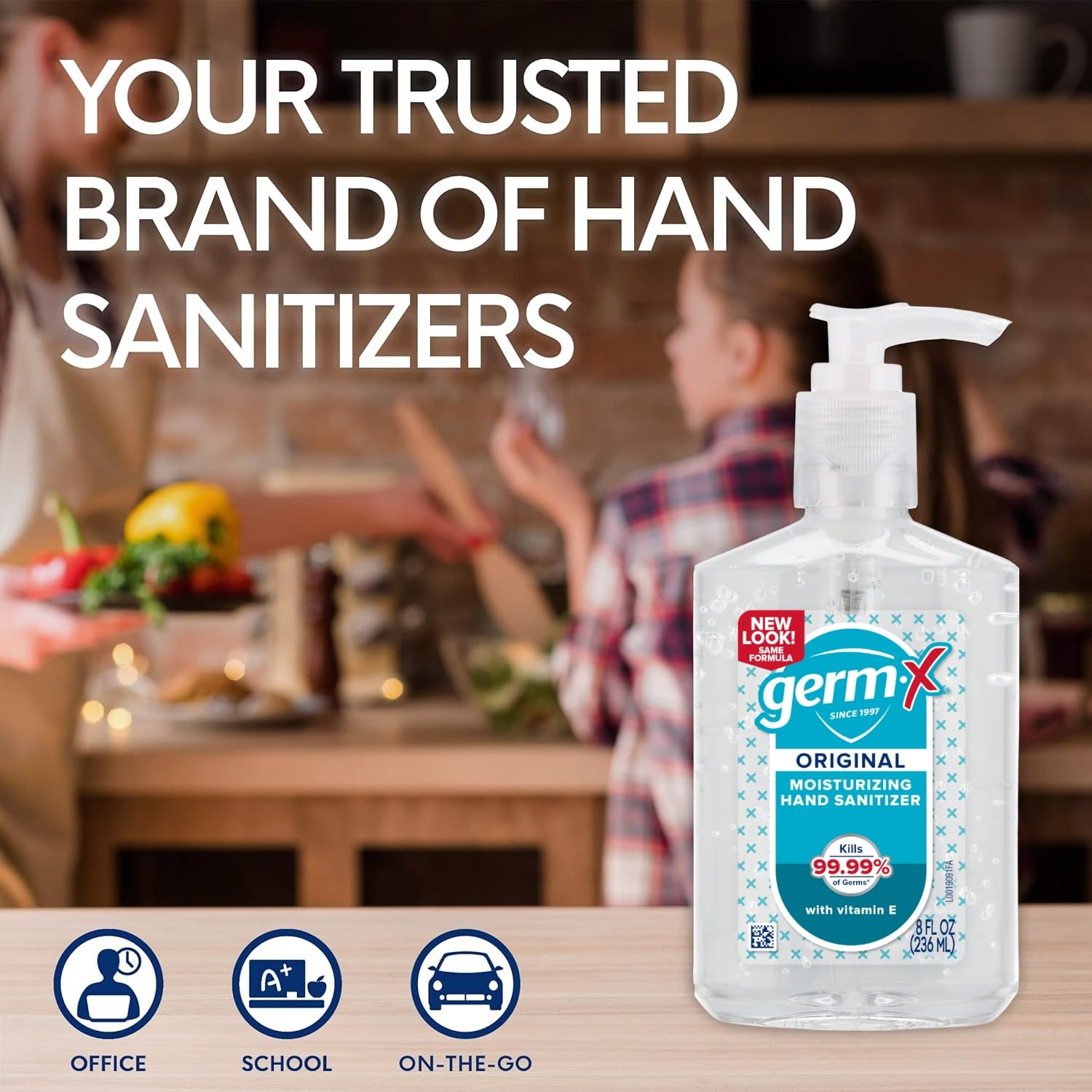 Germ-X no-rinse formula designed for on-the-go sanitizing.