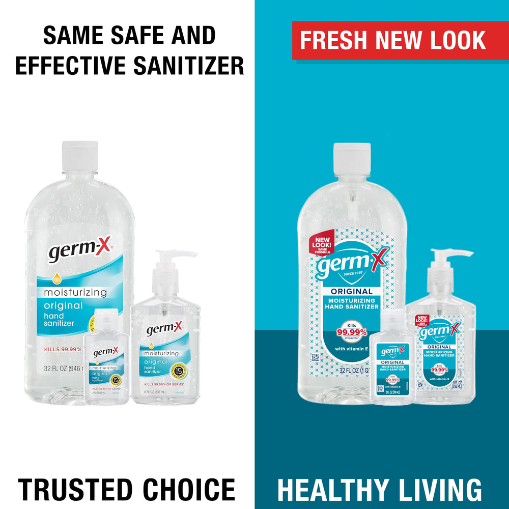 Germ-X 12-pack packaging showing multiple 8oz bottles for on-the-go cleanliness.