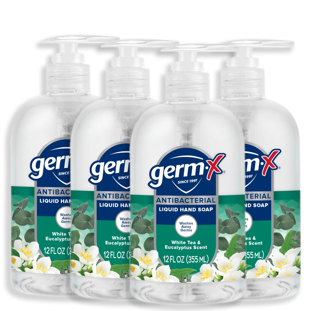 Germ-X White Tea & Eucalyptus bottle pump shown for everyday hand washing.