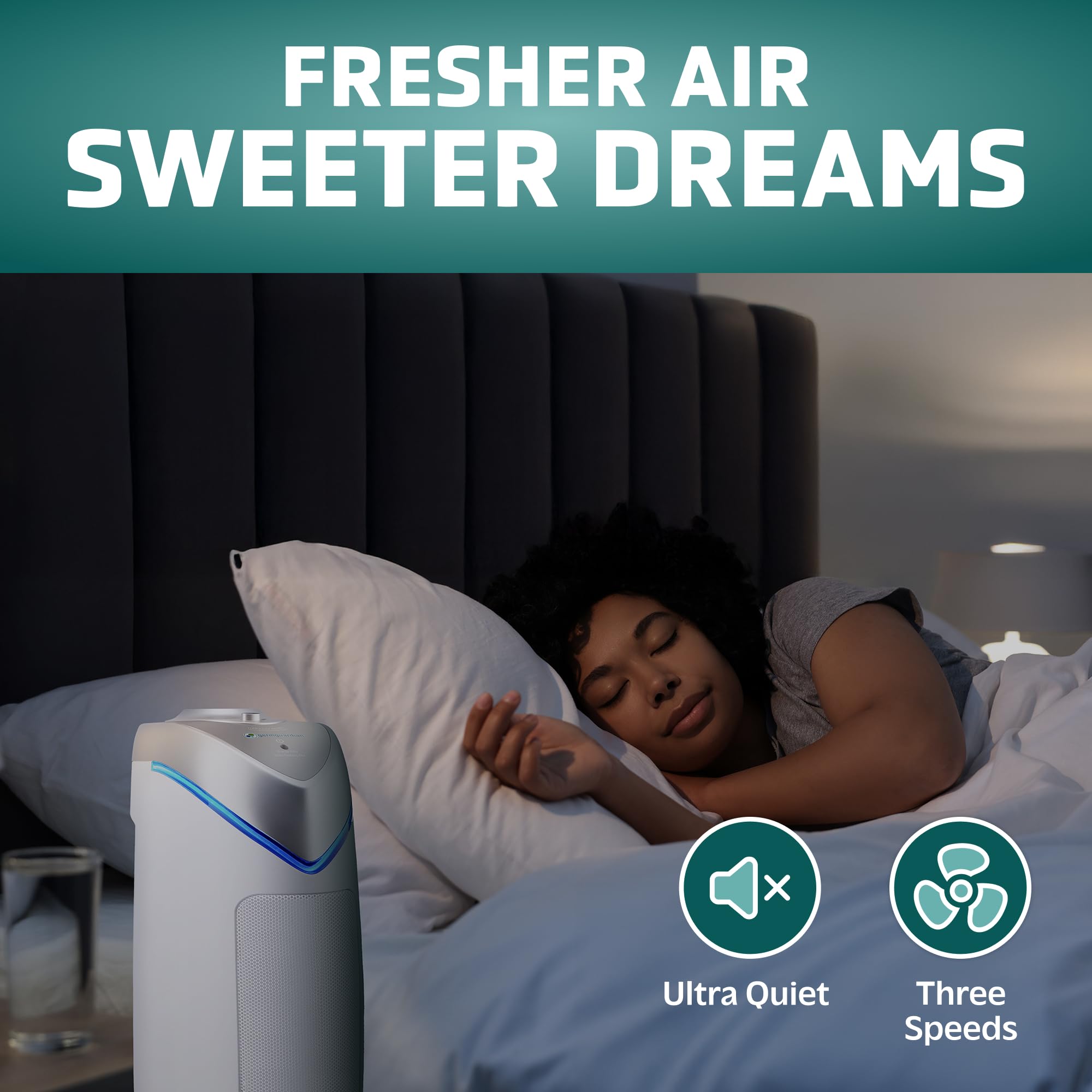 GermGuardian air purifier in a living room shows large-room coverage up to 743 square feet