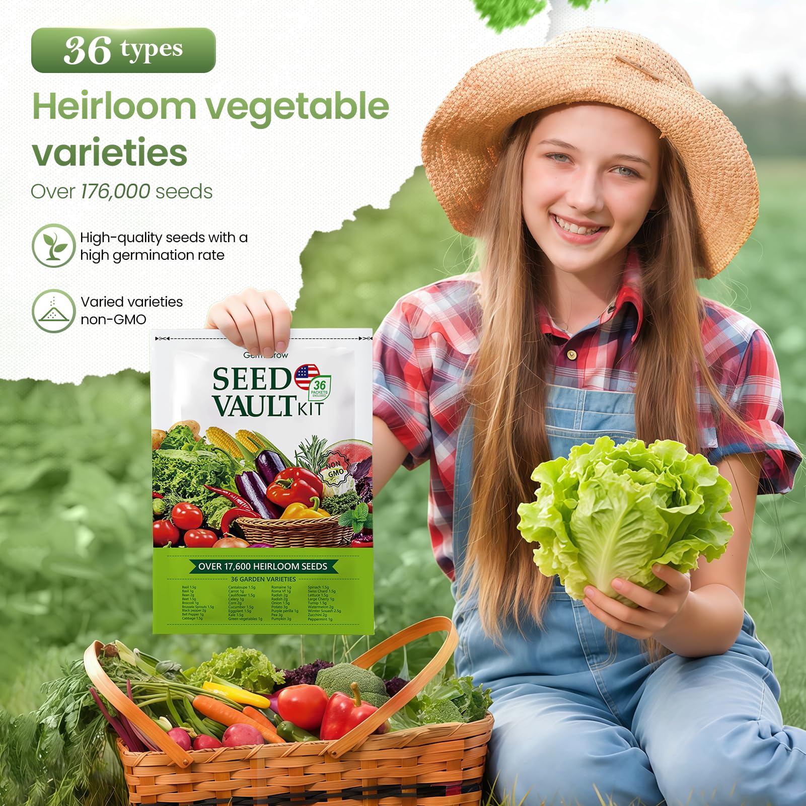 GermiGrow 36-variety seed pack: premium non-GMO seeds for greenhouse or outdoor planting.