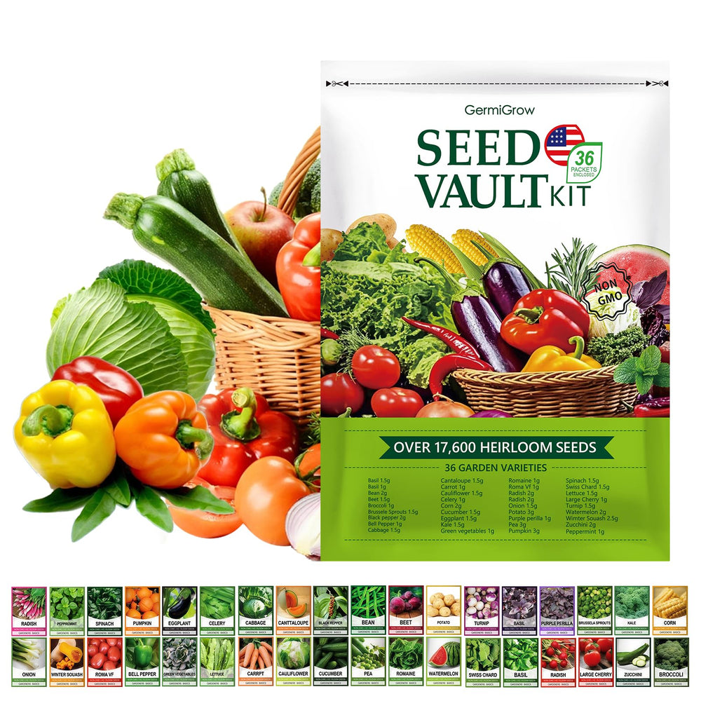 GermiGrow Seed Vault cover with 36 heirloom varieties for home gardening.