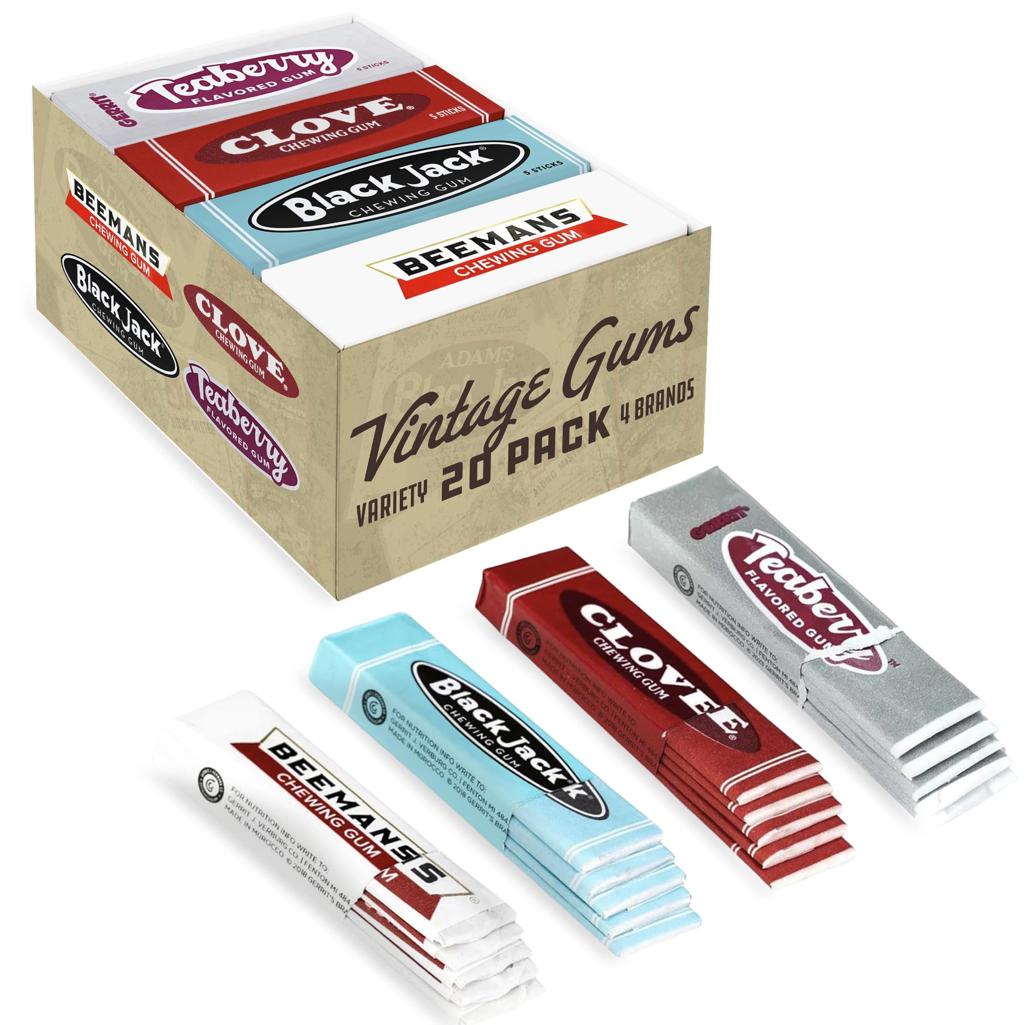 Gerrit's variety gum pack close-up showing clove, teaberry, blackjack, and Beeman's flavors for nostalgia.