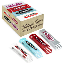 Gerrit's variety gum pack close-up showing clove, teaberry, blackjack, and Beeman's flavors for nostalgia.