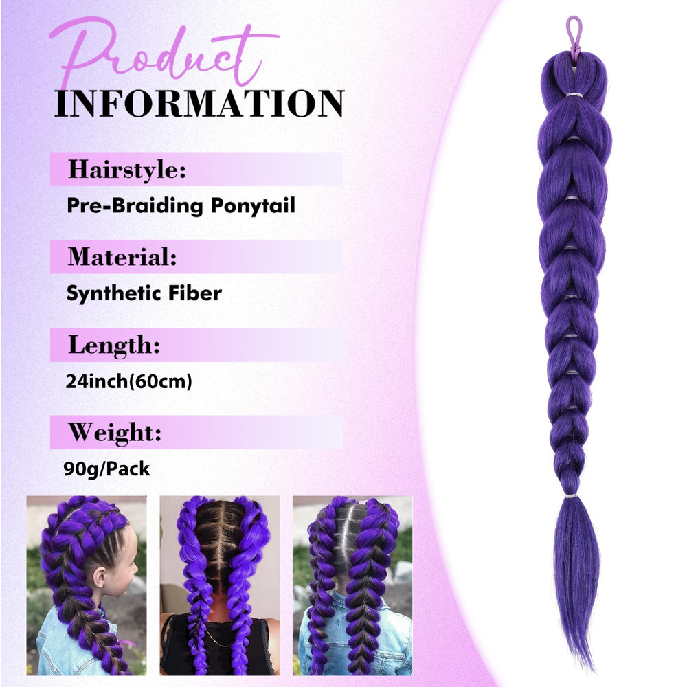 Model wearing GetGal 24-inch purple braids ponytail for bold cosplay look.