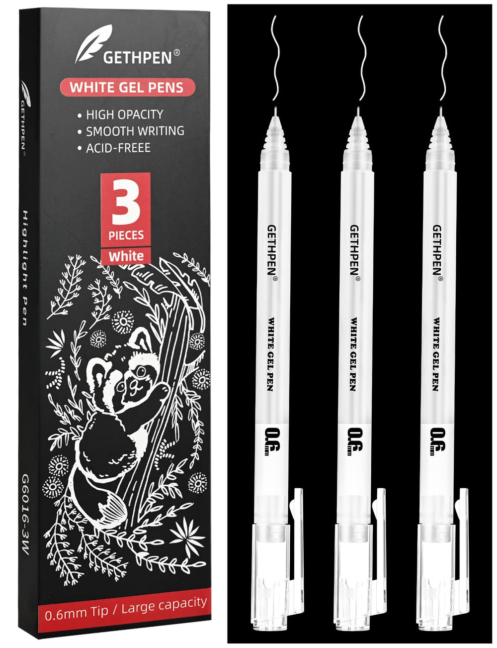 GETHPEN 0.6mm white gel pen on dark paper for crisp highlights.