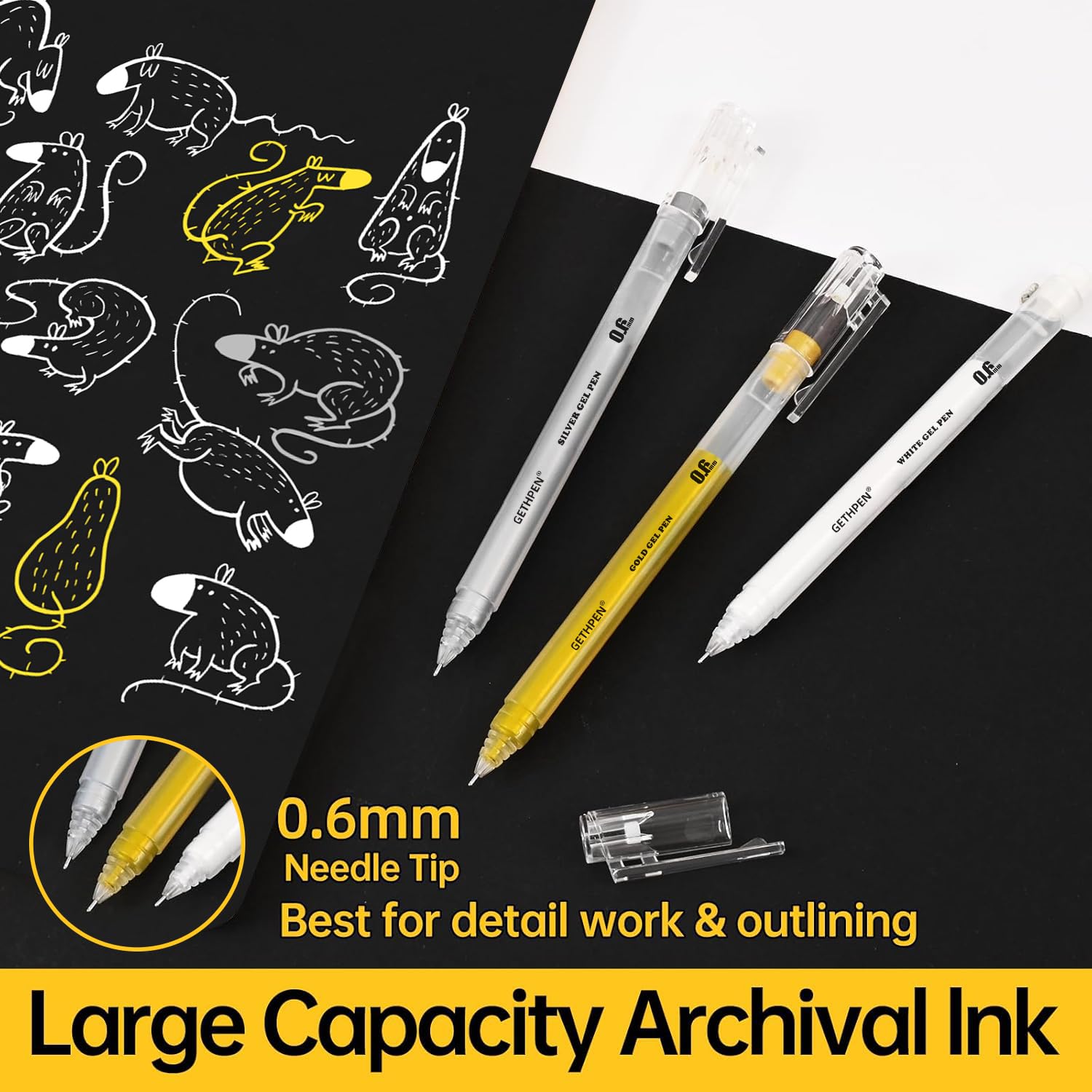 Smooth-flow GETHPEN gel ink supports seamless drawing on dark surfaces.