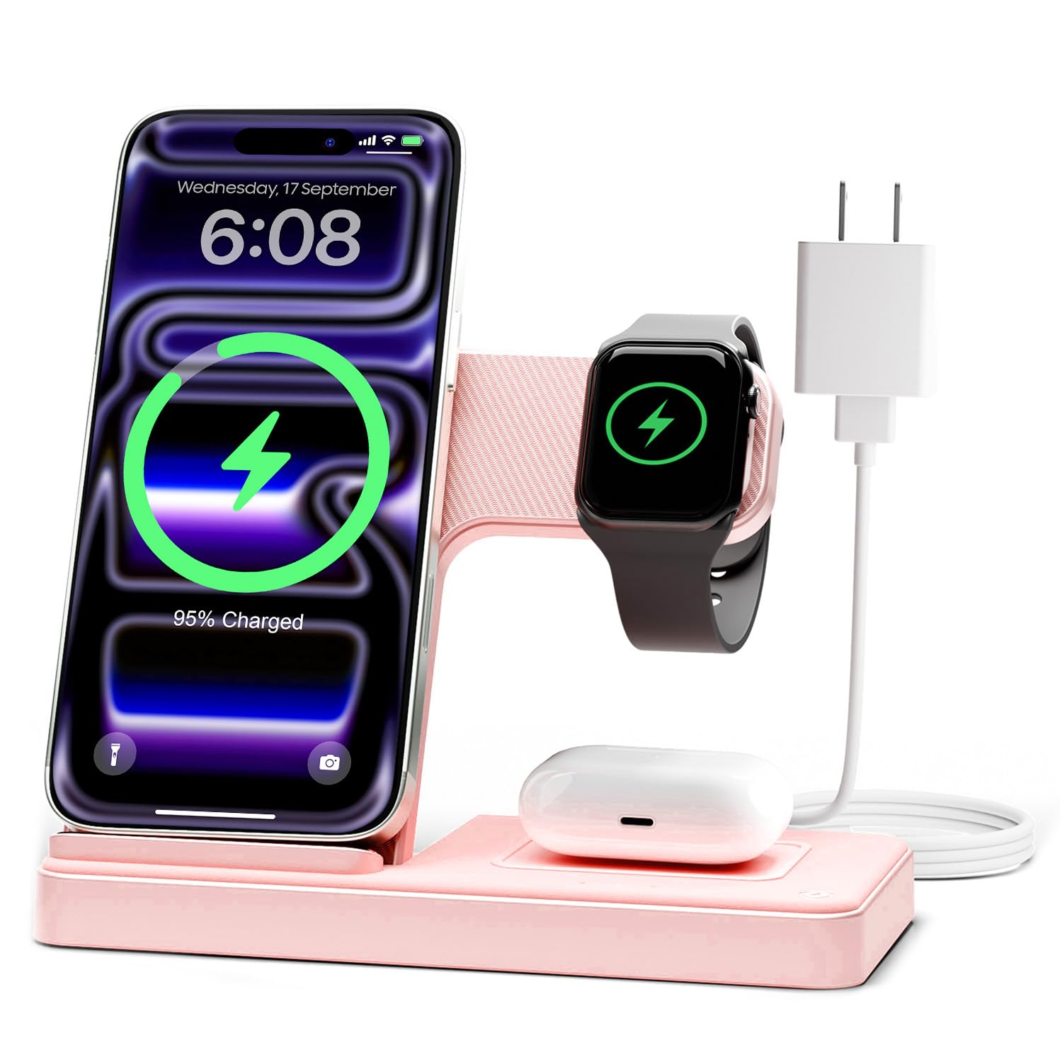 GETPALS 3-in-1 front view charger keeps iPhone, Apple Watch, and AirPods organized.