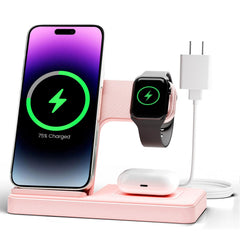 GetPALS wireless charger stand front view showing 3-in-1 charging for iPhone, Watch, and AirPods.