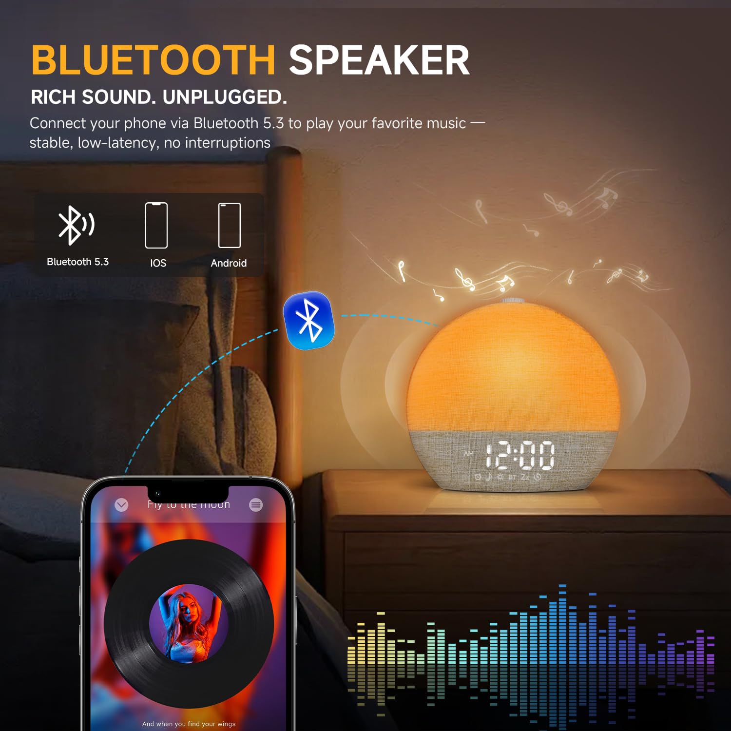Geuuap Sunrise Alarm Clock Bluetooth speaker for easy music playback.