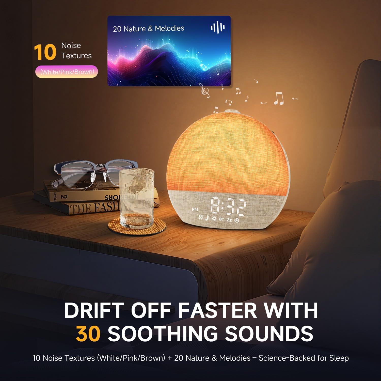 Geuuap Sunrise Alarm Clock adjustable brightness supports night reading and gentle lighting.