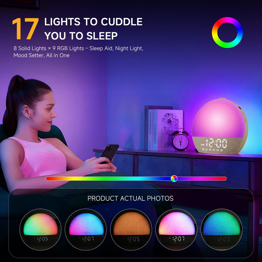 Geuuap Sunrise Alarm Clock screen-free design reduces nighttime digital distractions.