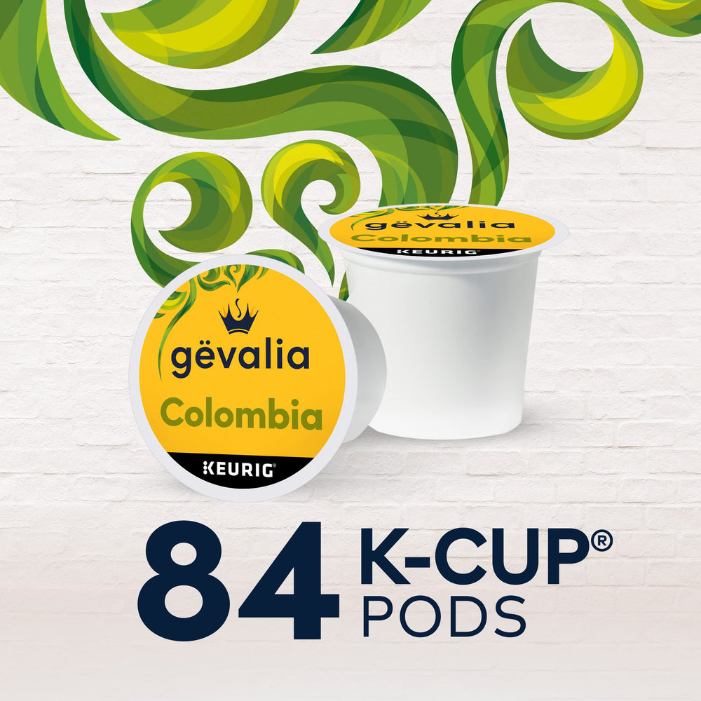Gevalia Colombia K-Cup pods packaging design, sleek box for home brewing.