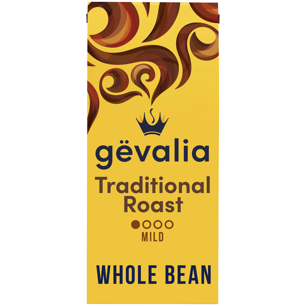 Gevalia Mild Roast Whole Bean bag front view with inviting aroma.