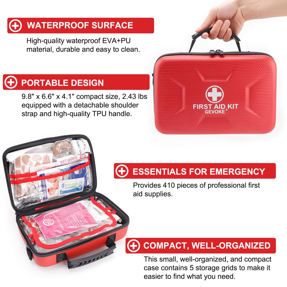 Gevoke first aid kit interior organization demonstrates clear five-compartment layout