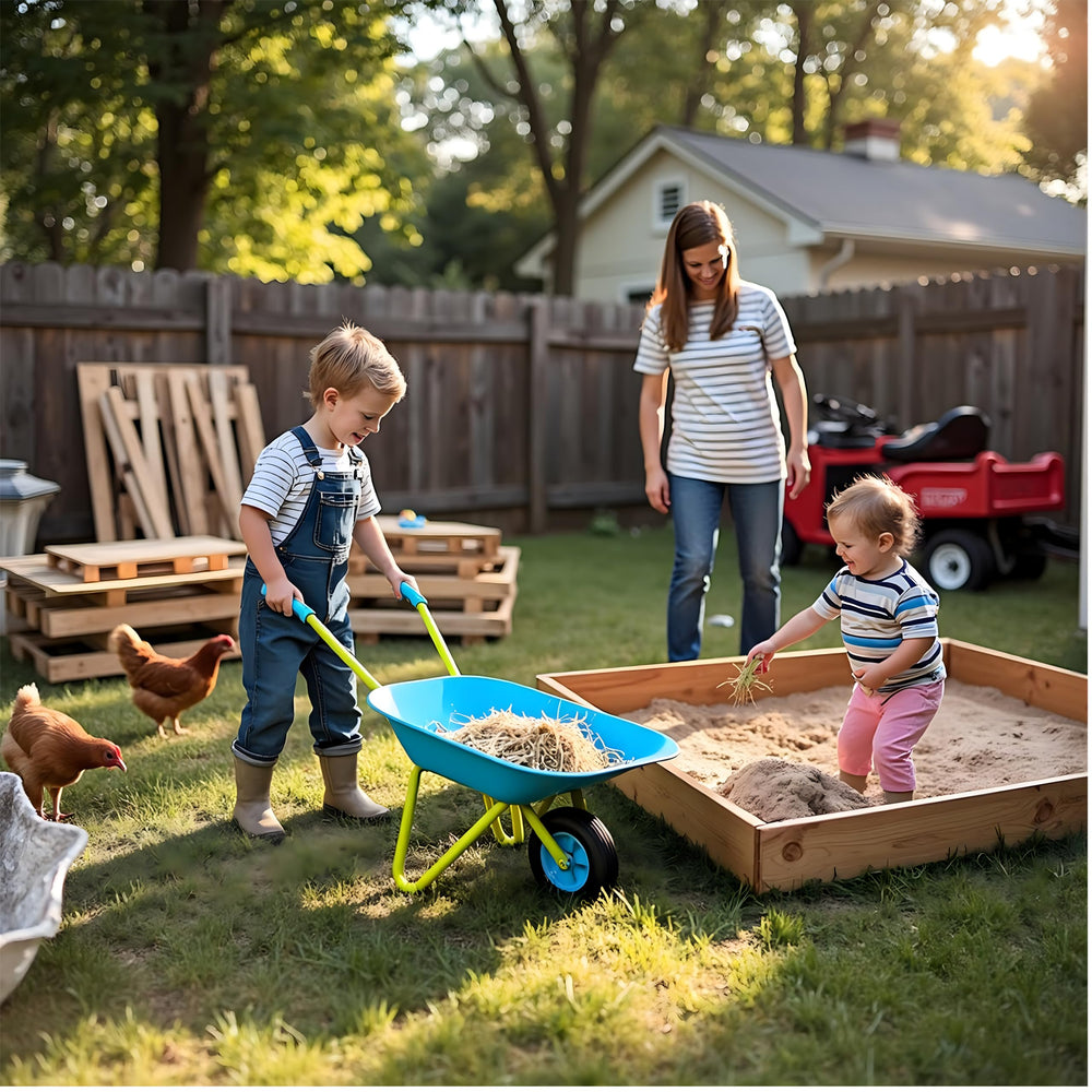 G & F Products kids wheelbarrow supports outdoor play and learning.