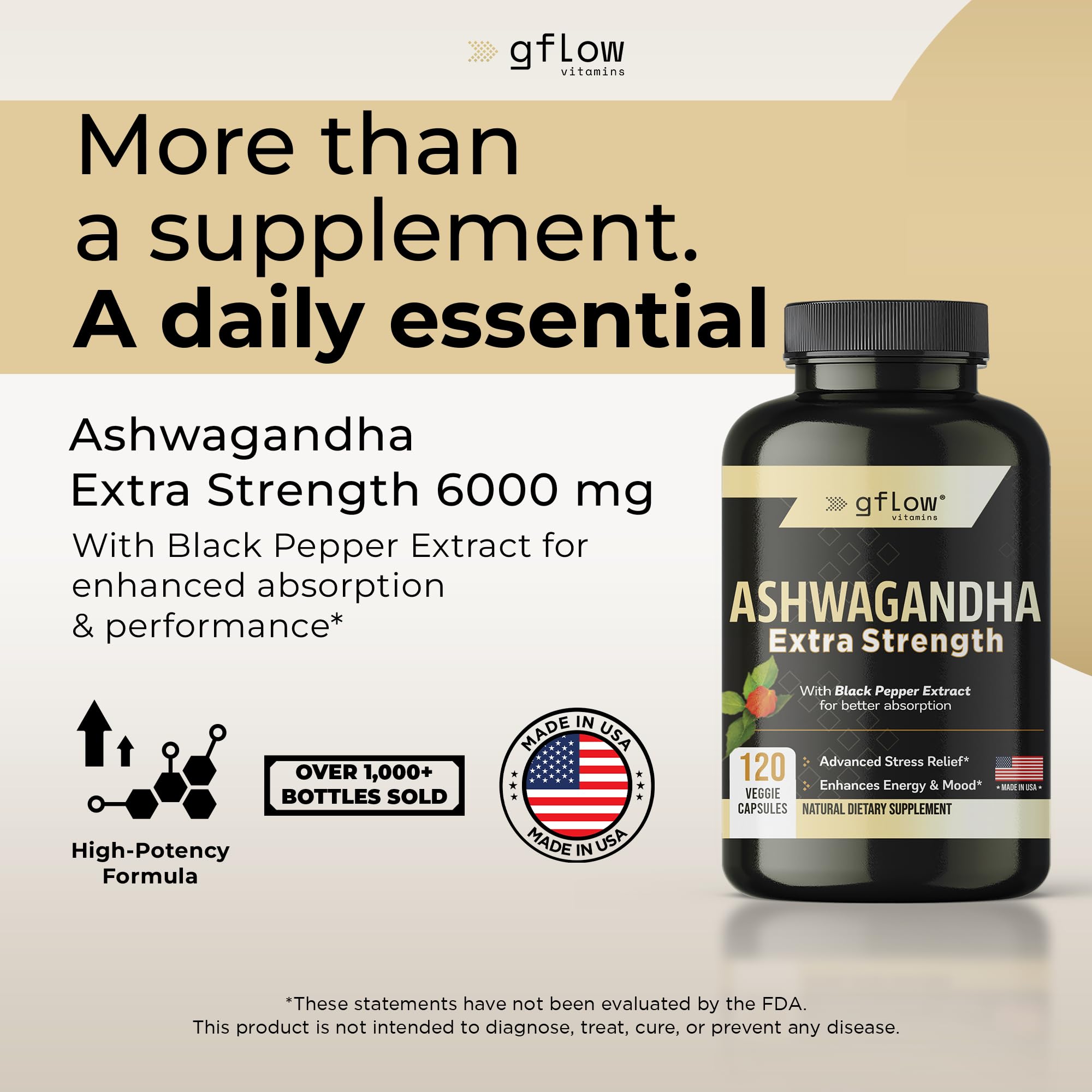 gflow vitamins Ashwagandha bottle back label with vegan and non-GMO details