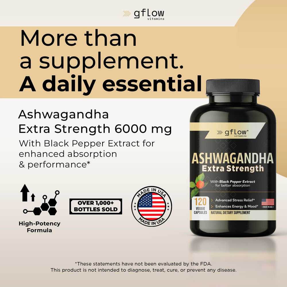 gflow vitamins Ashwagandha bottle back label with vegan and non-GMO details