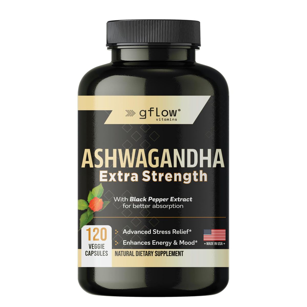 gflow vitamins Ashwagandha supplement bottle front showing extra strength formula for energy and mood