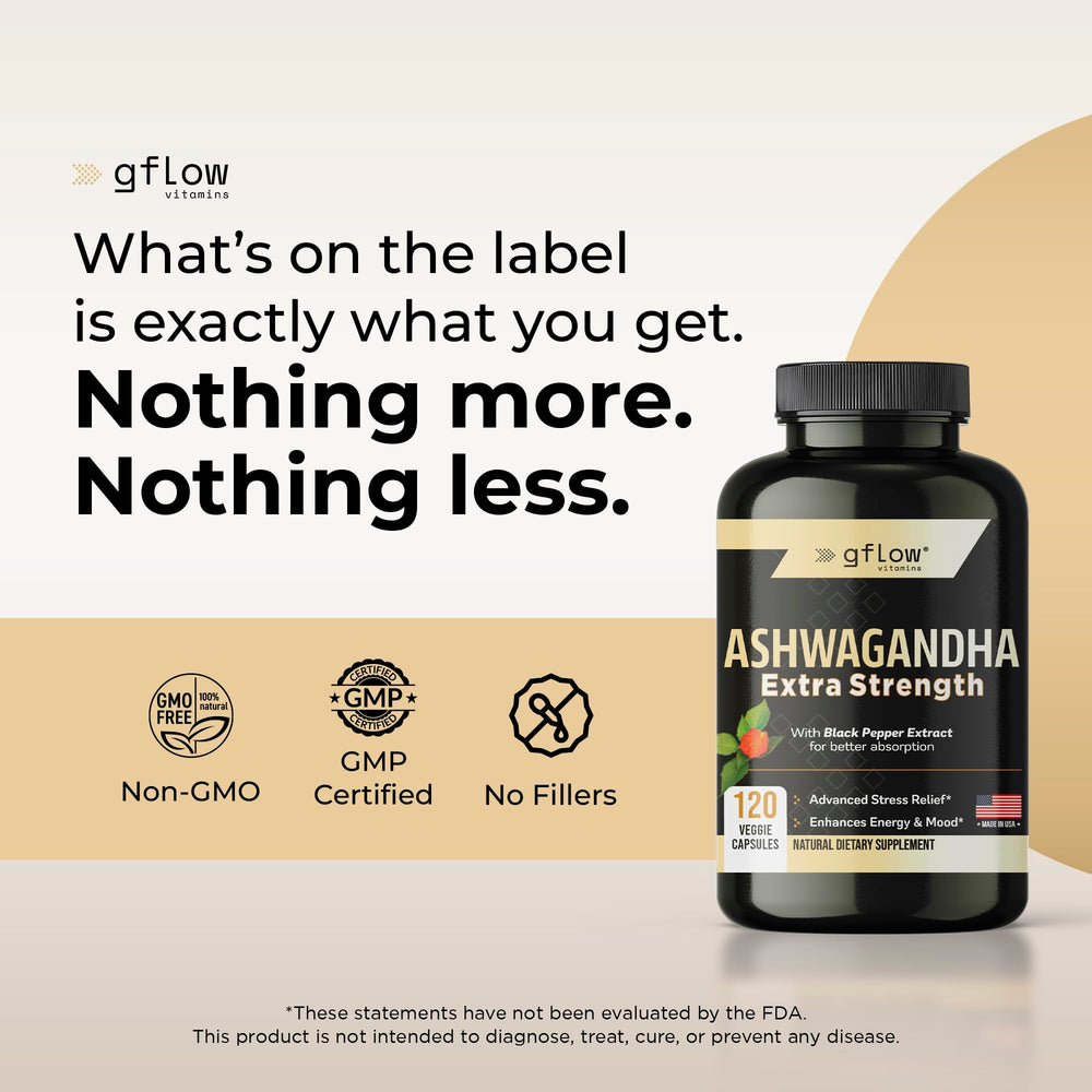 gflow Ashwagandha label showing ingredients and vegan non-GMO details